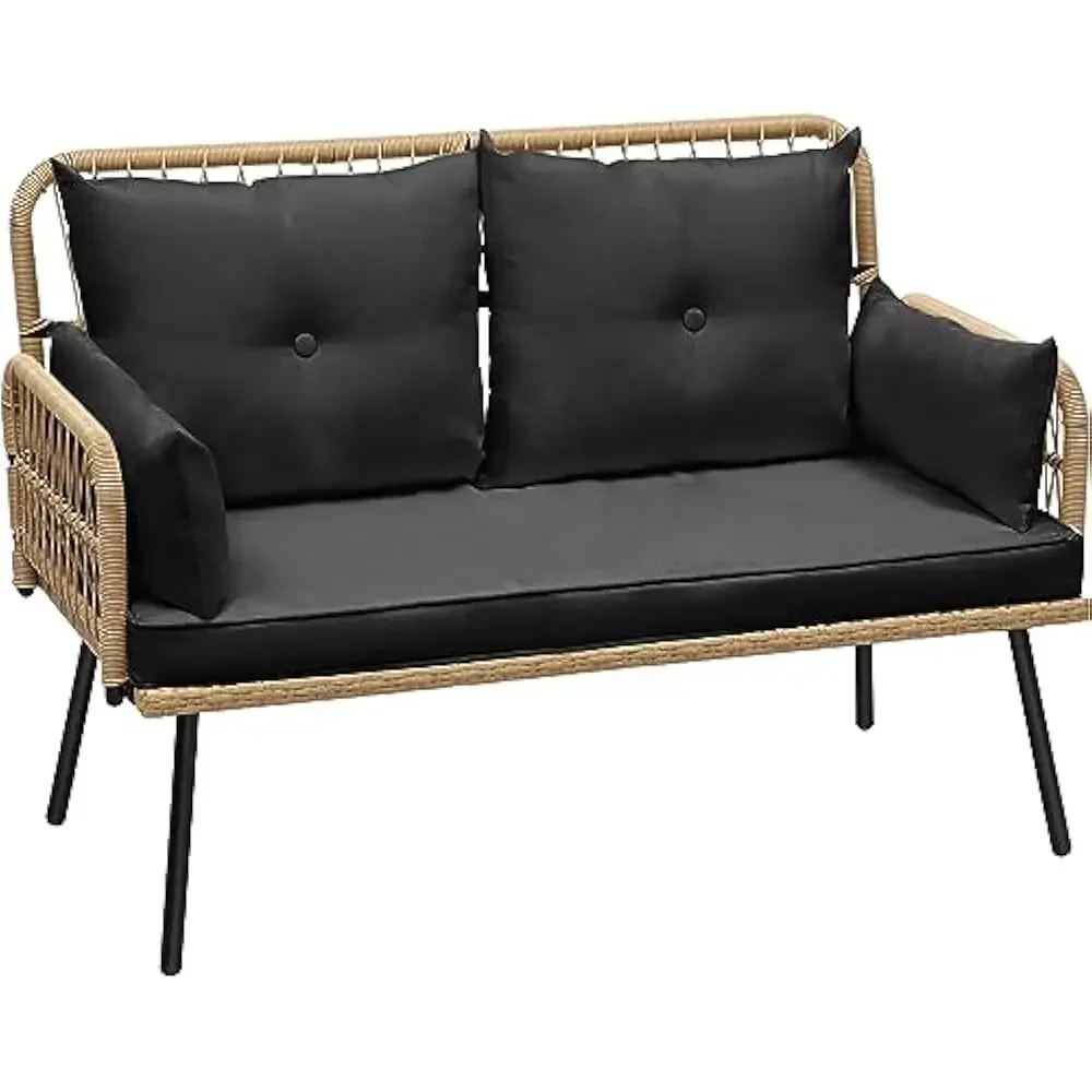 Cadeira de jardim, sofá de vime de dois lugares com vime e almofadas tecidas à mão, móveis de varanda para quintal, varanda e deck