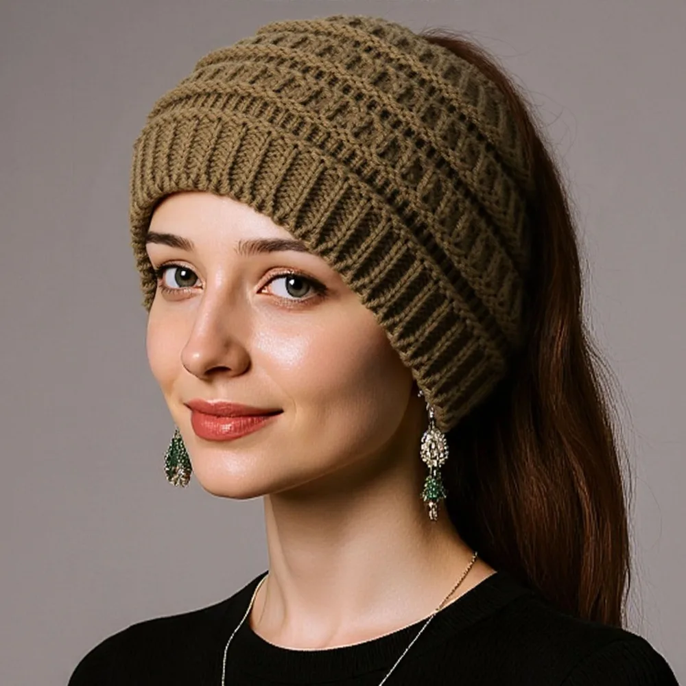Warm Solid Color Ponytail Beanie Hat Thicken Headwear Women's Hat Ear Protection Knitting Headband Winter