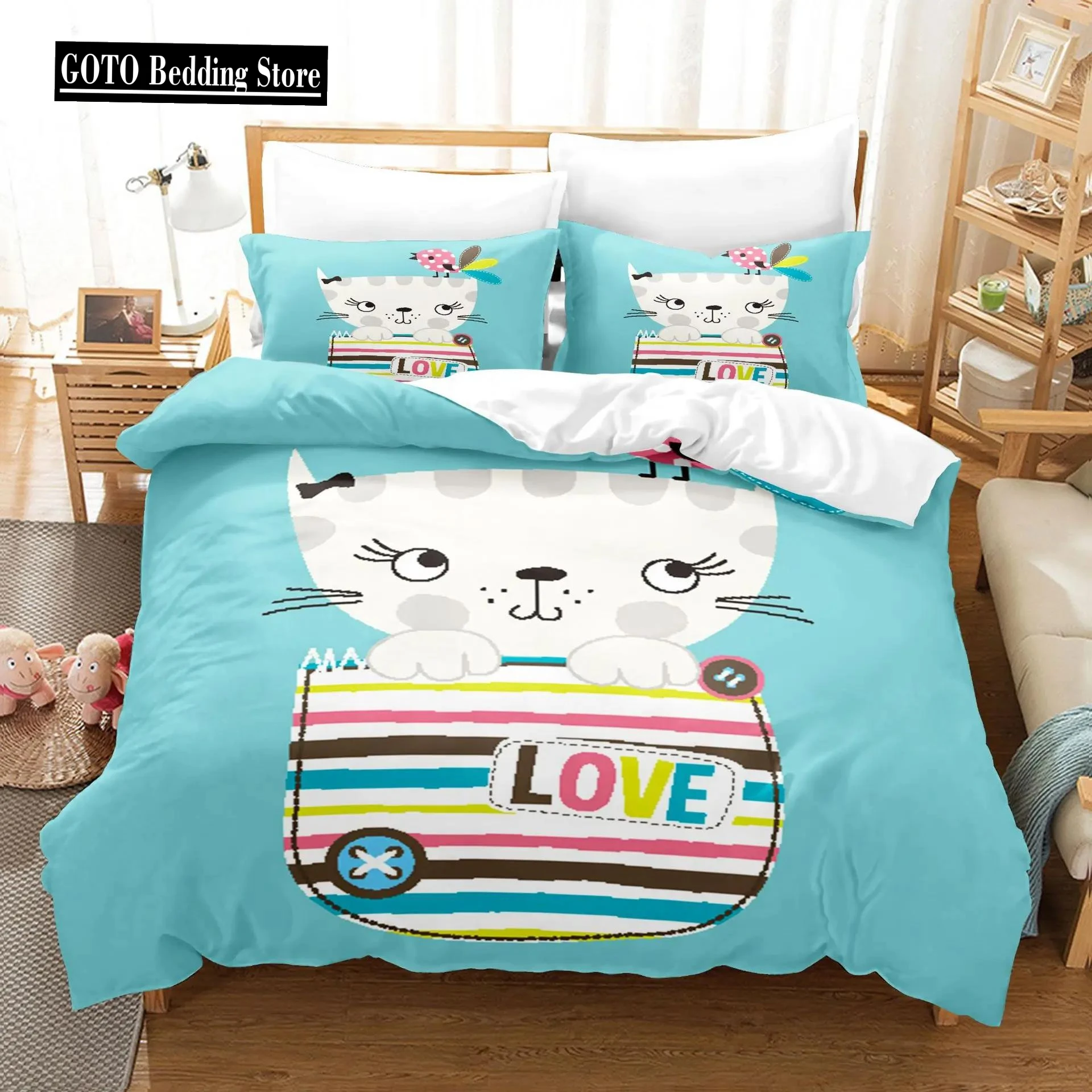 

Cartoon Love Cat Blue Background Comforter Bedding Sets Girl Boy Kids Print 140x200 Duvets and Bedding Sets Duvet Free Shipping