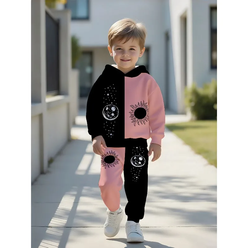 Kids Hoodie Jogger: Sun Moon Star Split Print, Purple Black Sun Moon Graphic, Golden Glitter Butterfly Pattern Kid Tracksuit