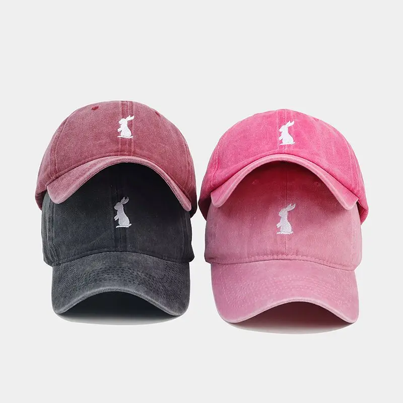 

2023 New Vintage Washed Cotton Denim Baseball Cap Cartoon Embroidery Rabbit Cute Snapback Outdoor Sun Hats For Men Women