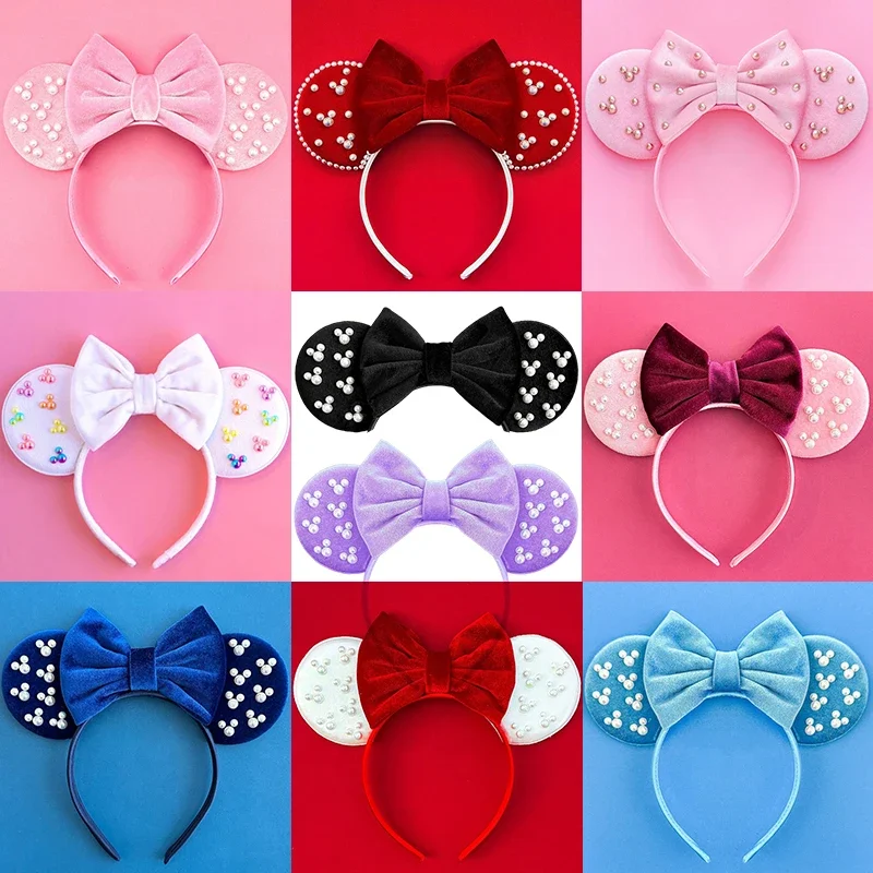 

Disney Pearl Mickey Mouse Ears Headbands For Kids Girls Solid Color Hairbands Women Sequins Bows Hair Accessories Baby Headwear