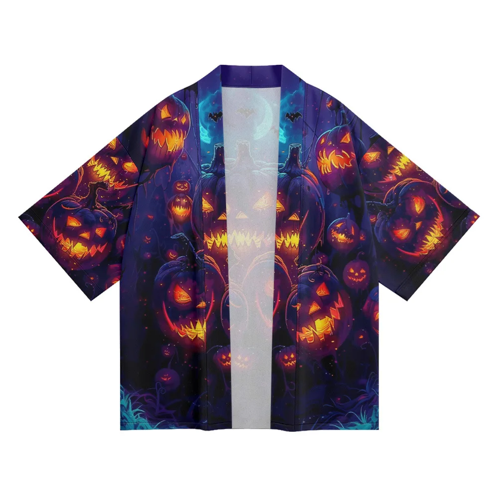 سترة كيمونو مطبوعة للهالوين للرجال، ملابس خارجية للحماية من الشمس، معطف قصير فضفاض من ألياف البوليستر، طول أكمام عادي #4