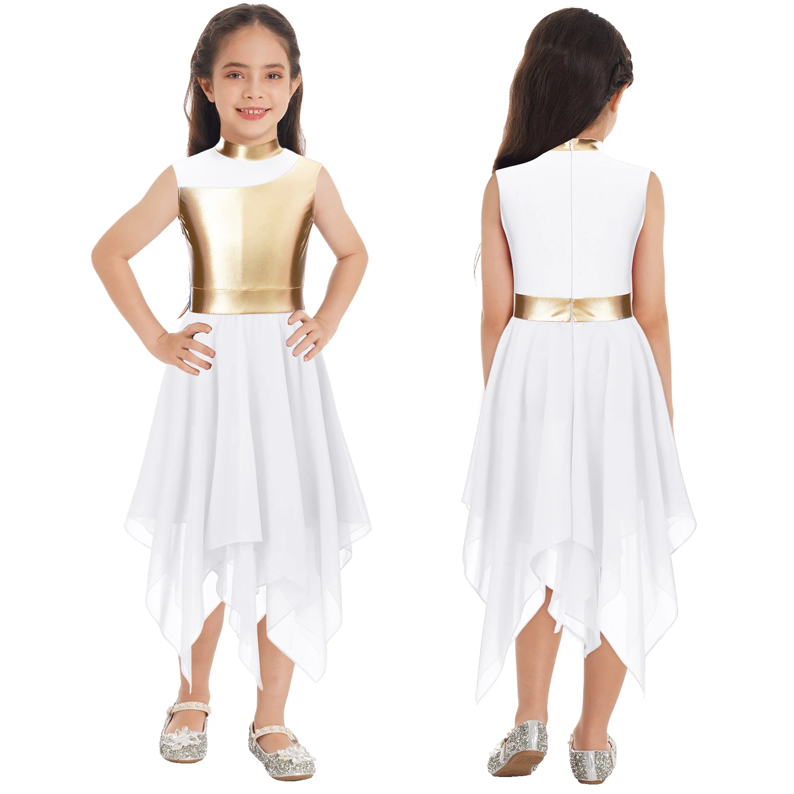 Child Girls Modern Lyrical Dance Dress Ballroom Dancing Church Choir Praise Worship Costume Sleeveless Asymmetrical Hem Dresses