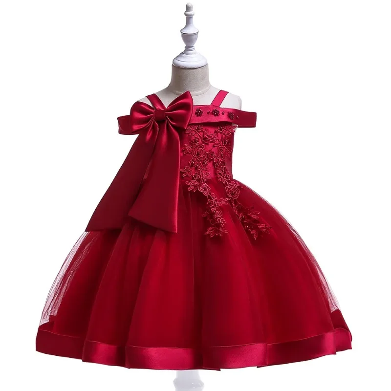 New Girls' Dress Beaded Flower Off spalla Strap Princess bambini piccoli senza maniche Solid a-line abiti da sera