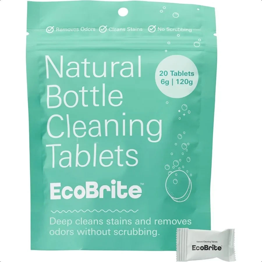 

EcoBrite Powerful Cleaning Tablets Cleans Bottles Coffee Cups Pots Pans Camping Gear Pet Bowls and Much More 20 pack Individua