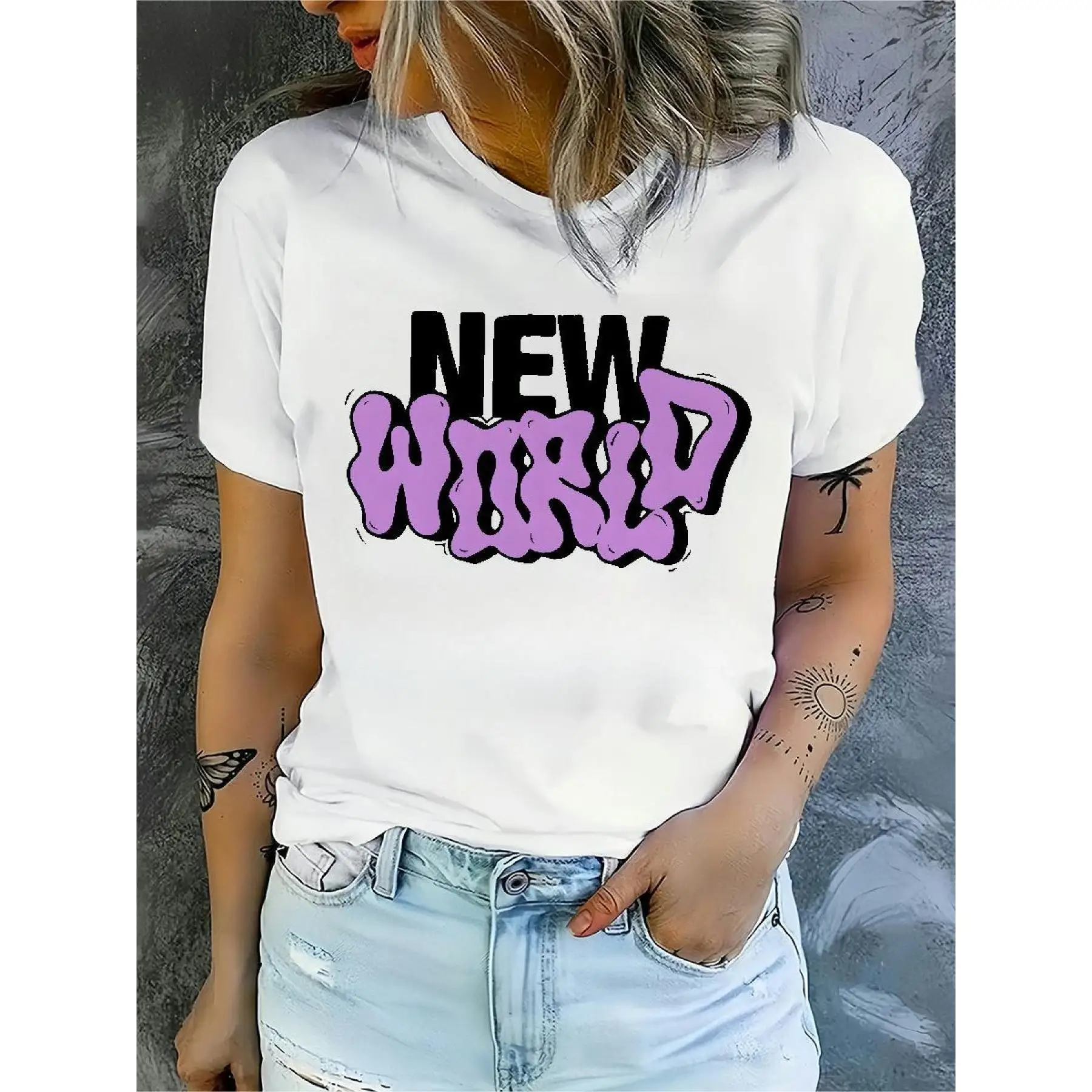 

New World Graffiti T-shirt, Y2K Style Graphic Tee, Trendy Loose Top, Streetwear Hip Hop Casual Summer Shirt for Women