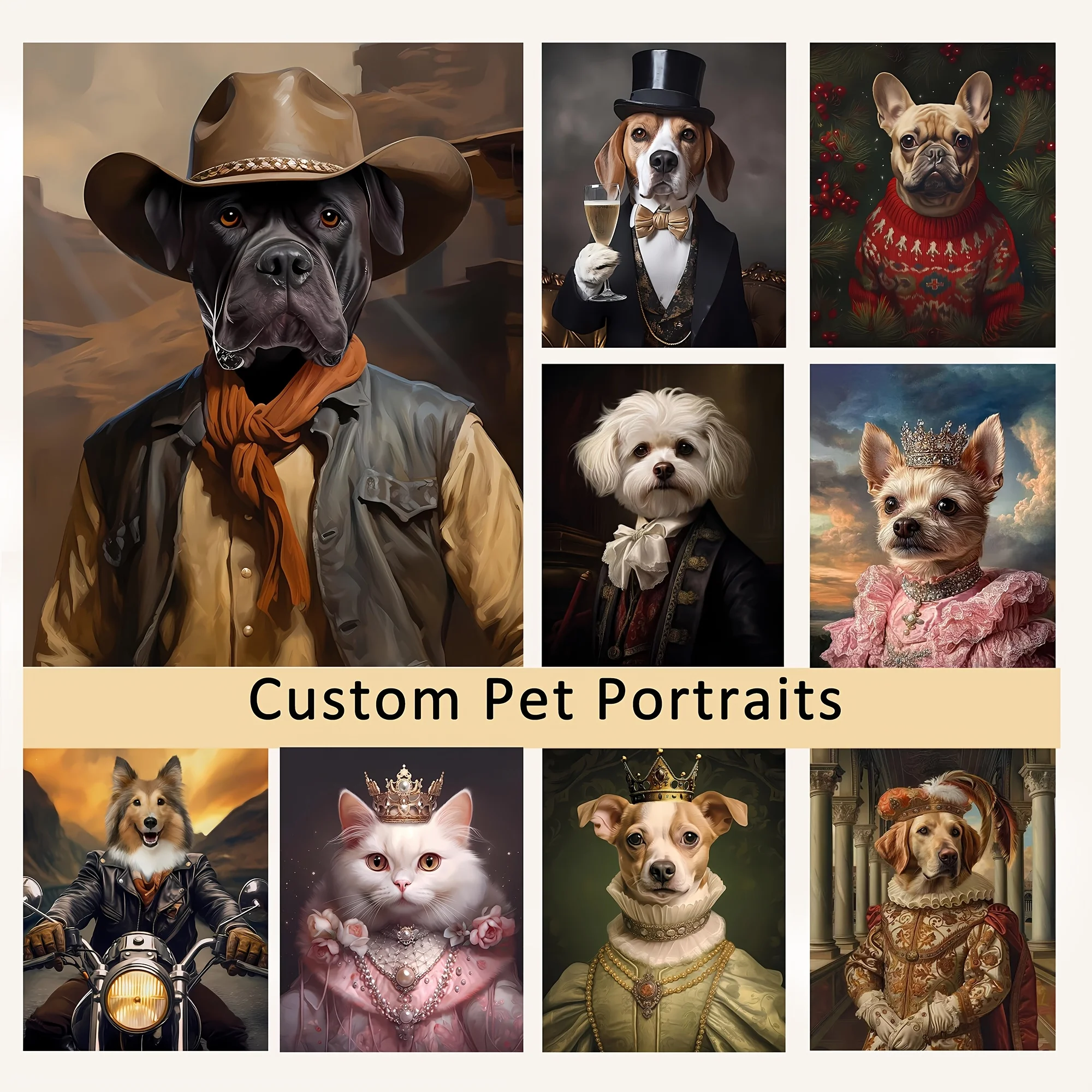 Custom Pet Portrait Canvas, Upload Your Dog Cat Photo Personalized Royal Cowboy Costume Art Poster, Unframed Wall Decor Pet Love
