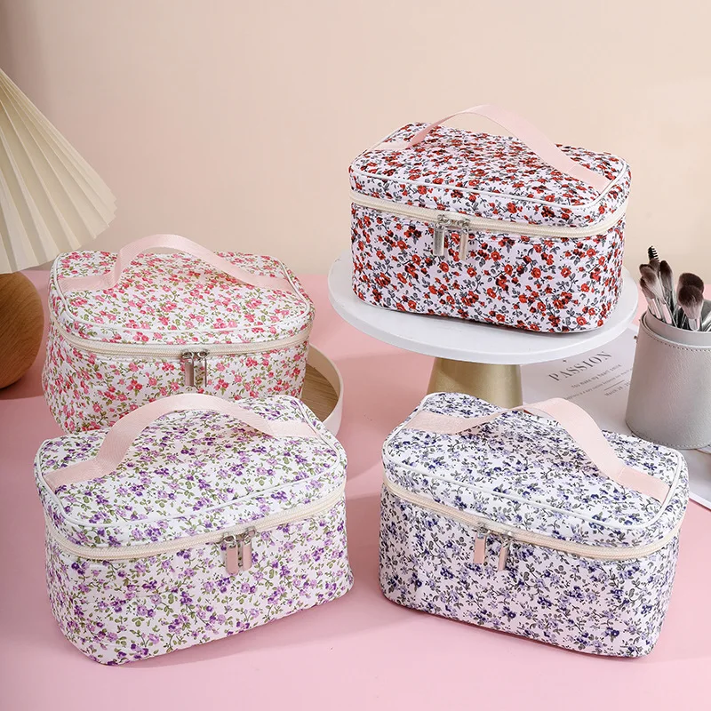 Portable Travel Storage Wash Bag Cotton Cosmetic Pouch Floral Pattern Capacity Cosmetic Bag Dual Zipper Makeup Organizer