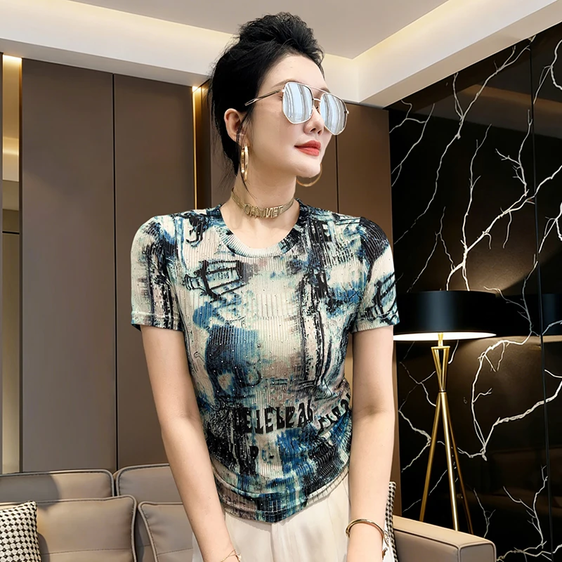 MadBlack-Women European T-Shirt, Sexy O Neck Print Diamond, Clubwear Short Sleeve Slim Thin S-3XL Tee, 2026 Summer New T64905CC