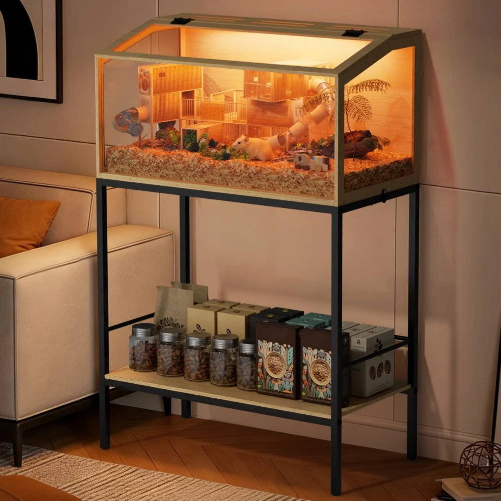 Large Elevated Wooden Hamster Cage with Storage Shelf Pet Small Animal Cage Habitat Built-in LED Light for Hedgehog Rodent Mice