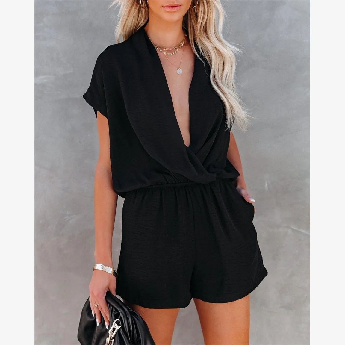 섹시한 V넥 캐주얼 루즈 바디수트 여성 스트리트 스타일 하이웨이스트 오버 팬츠 폴리에스터 원단 섹시한 원피스