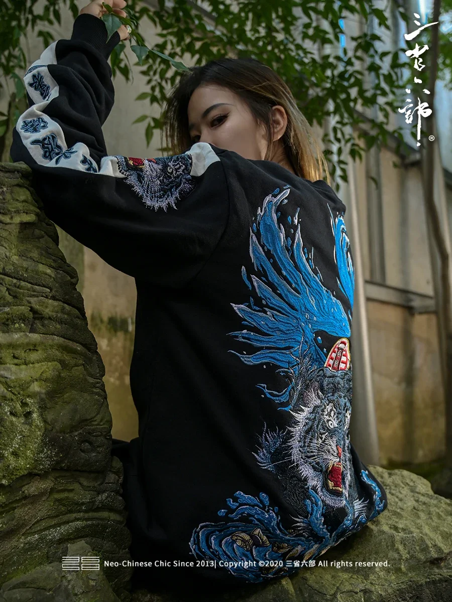 Chinese Style Harajuku Embroidery Sweatshirt Woman Fall 2023 New Men\'s Round Neck Long Sleeve Hoodies for Women Gothic Clothes