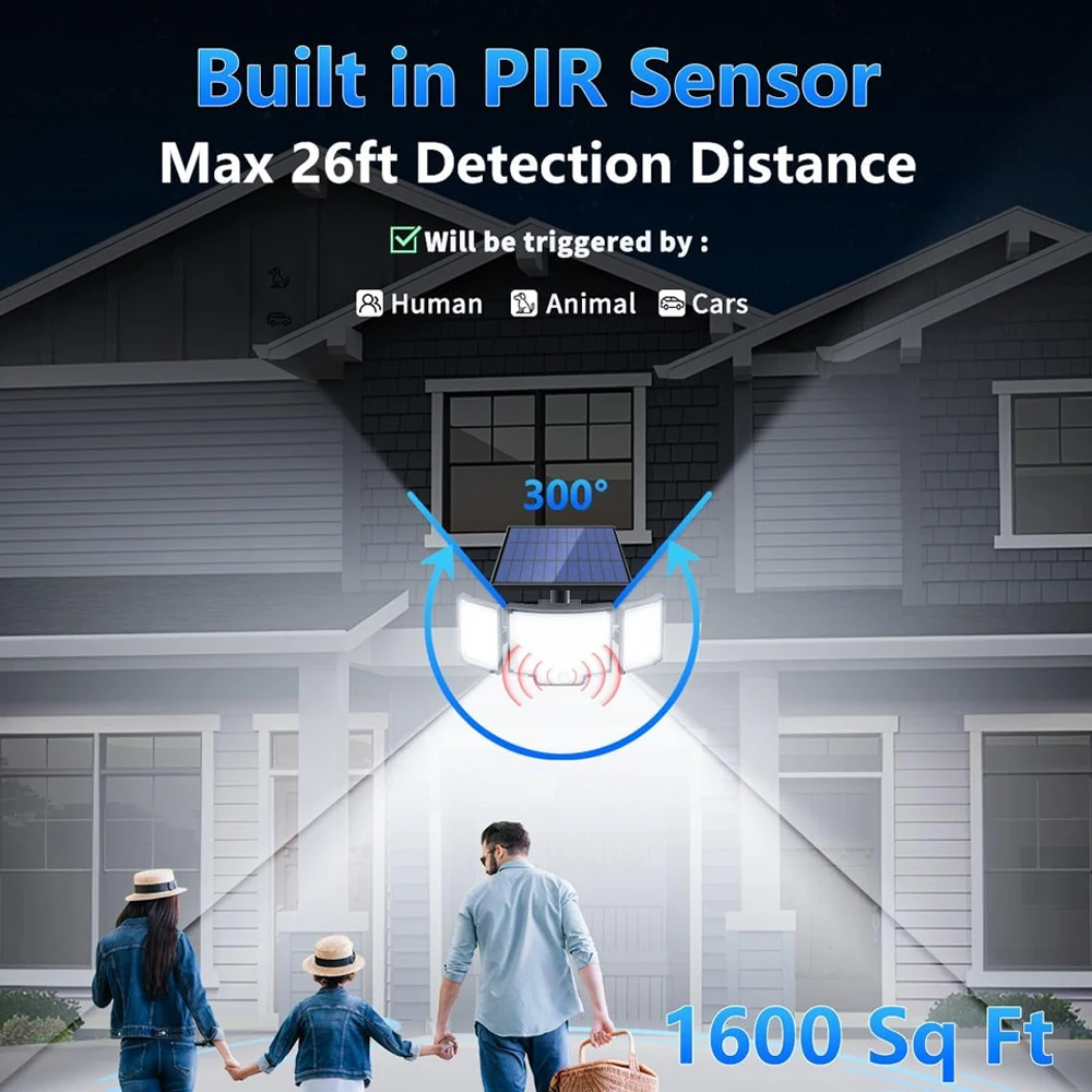 Sensor de movimento solar com sensor de luz externa IP65 à prova d'água holofote de 3 cabeças luz de segurança solar grande angular de 300 graus