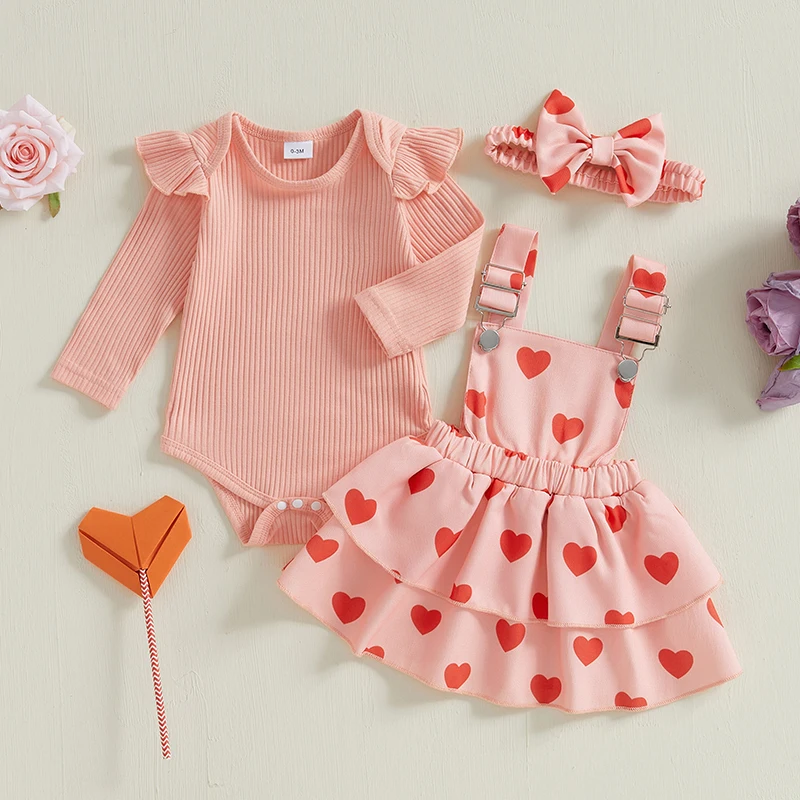 Baby Girls Fall Outfits with Bow Headband Button Love Heart Crew Neck Long Sleeve Rompers with Suspender Skirts 3 Pcs Set