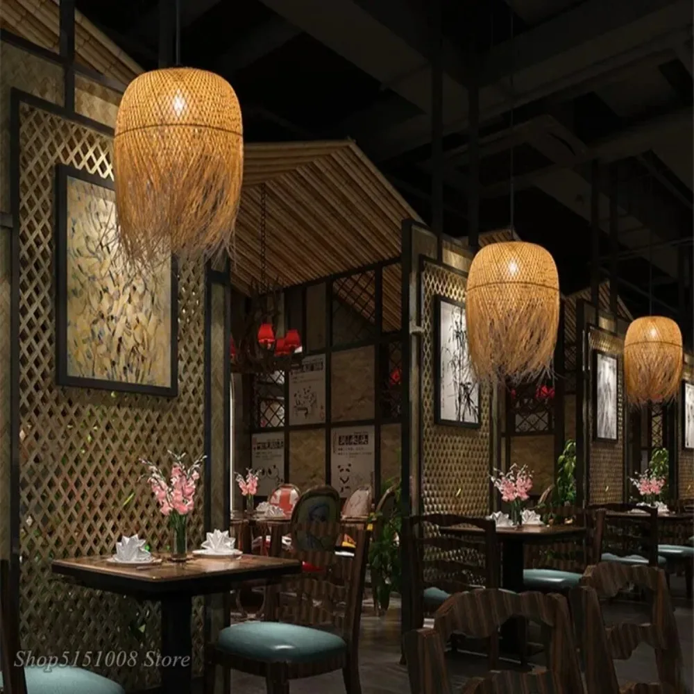 Southeast Asian Individuality Hand Woven Bamboo Chandelier Chinese Lamps Tea Room Restaurant Hotel Artistic Modeling Lampshade