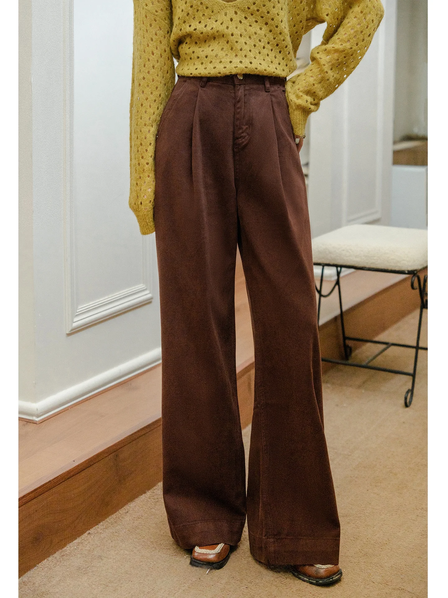 

Джинсы с высокой талией, широкими штанинами и прямым кроем, кофейно-коричневые, свободного кроя, женские, летние, осенние, новые, для повседневной носки, ветроустойчивые