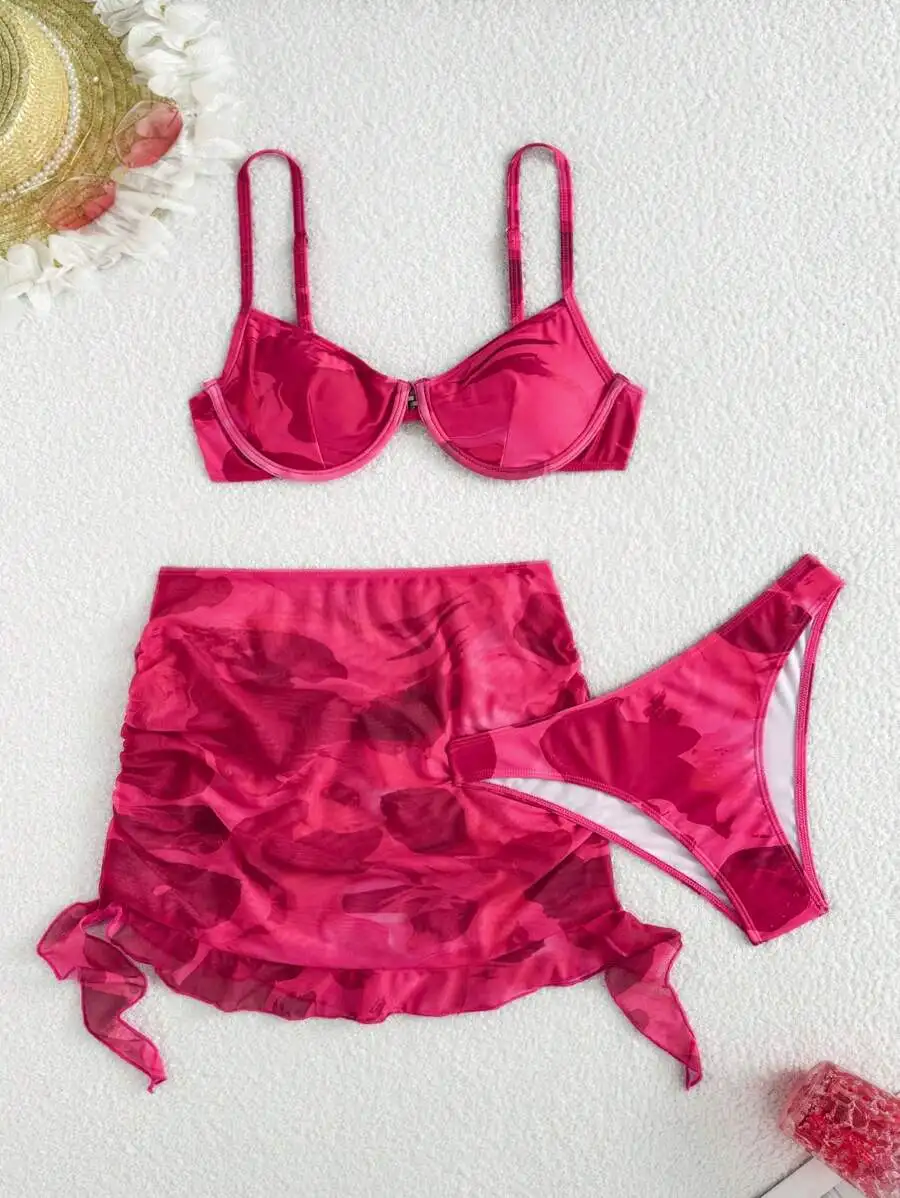 Costavie Summer 3pcs Women Floral Print Random Sexy Spaghetti Strap Wire Rimmed Top, Bikini Bottom And Mesh Skirt Bikini Set