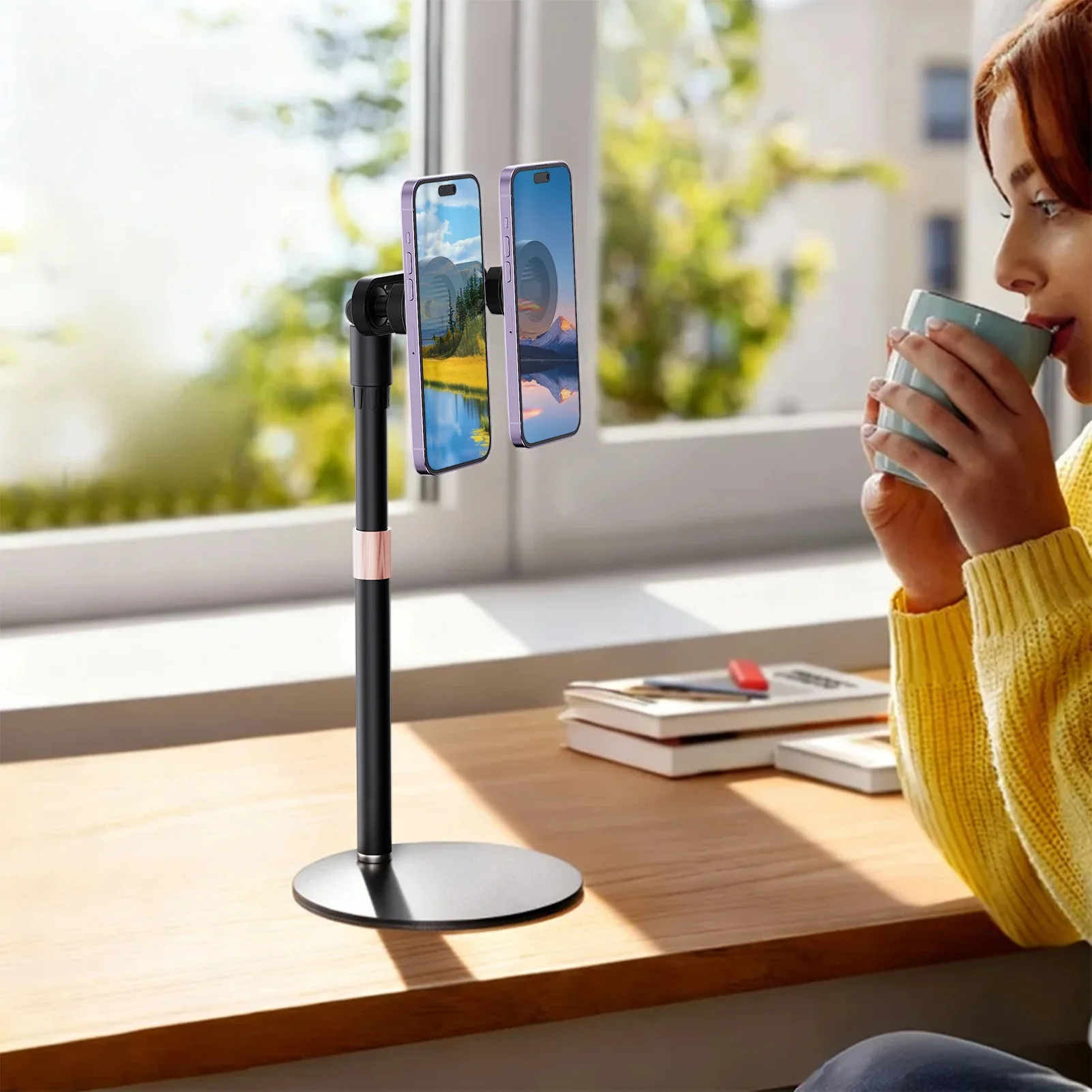 

Live Streaming Magnetic Dual Phone Stand Mount Desk 360° Rotating Foldable Aluminum MagSafe Holder for IPhone 17 16 15 Pro Max