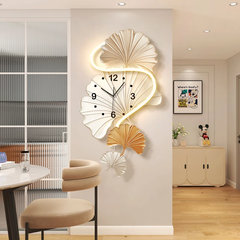 

Cream Style Wall Clock Living Room Dining Room New Decorative Painting Ginkgo Leaves Creative Clock Wall Lamp Silent Swing Clcok