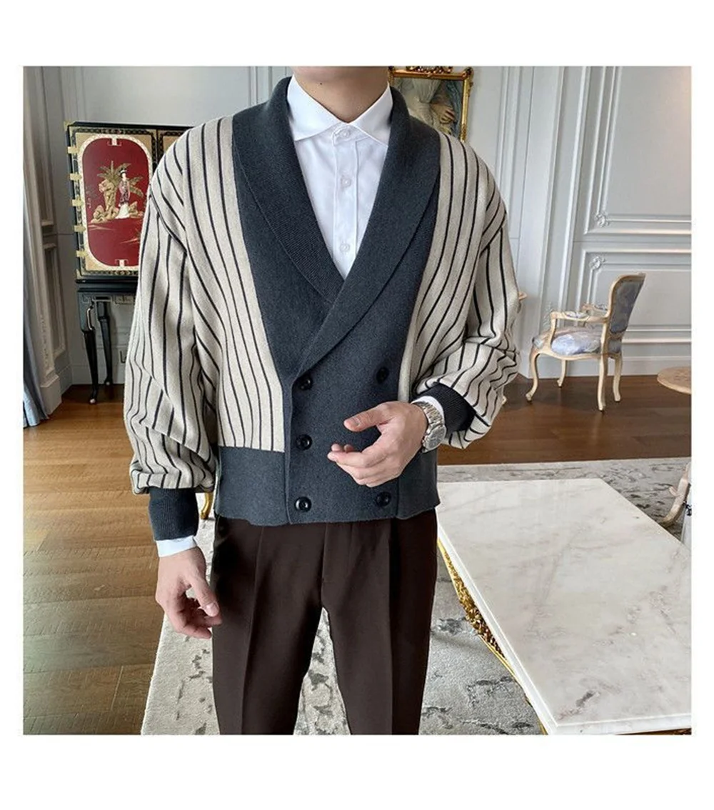 

Autumn new cardigan men's British retro college style British double-breasted knitted coat contrast color suit collar sweater