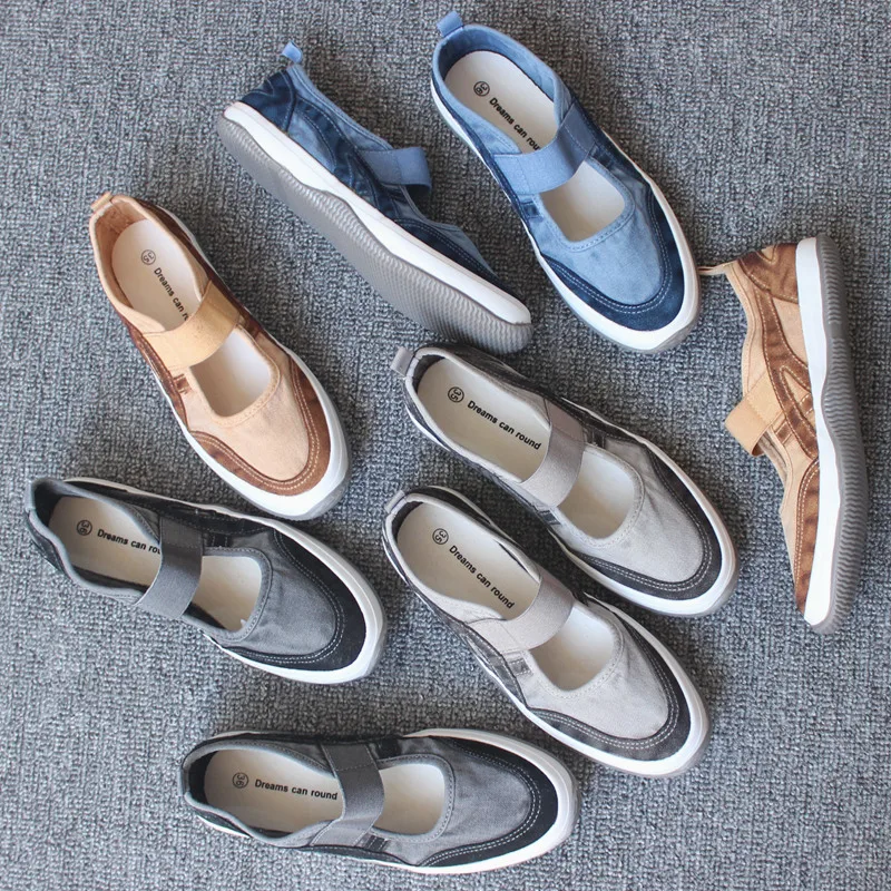 Women's Canvas Shoes Summer Washed Outdated Single Shoes Breathable Middle Help Elastic Band Artistic Flats Fashionable