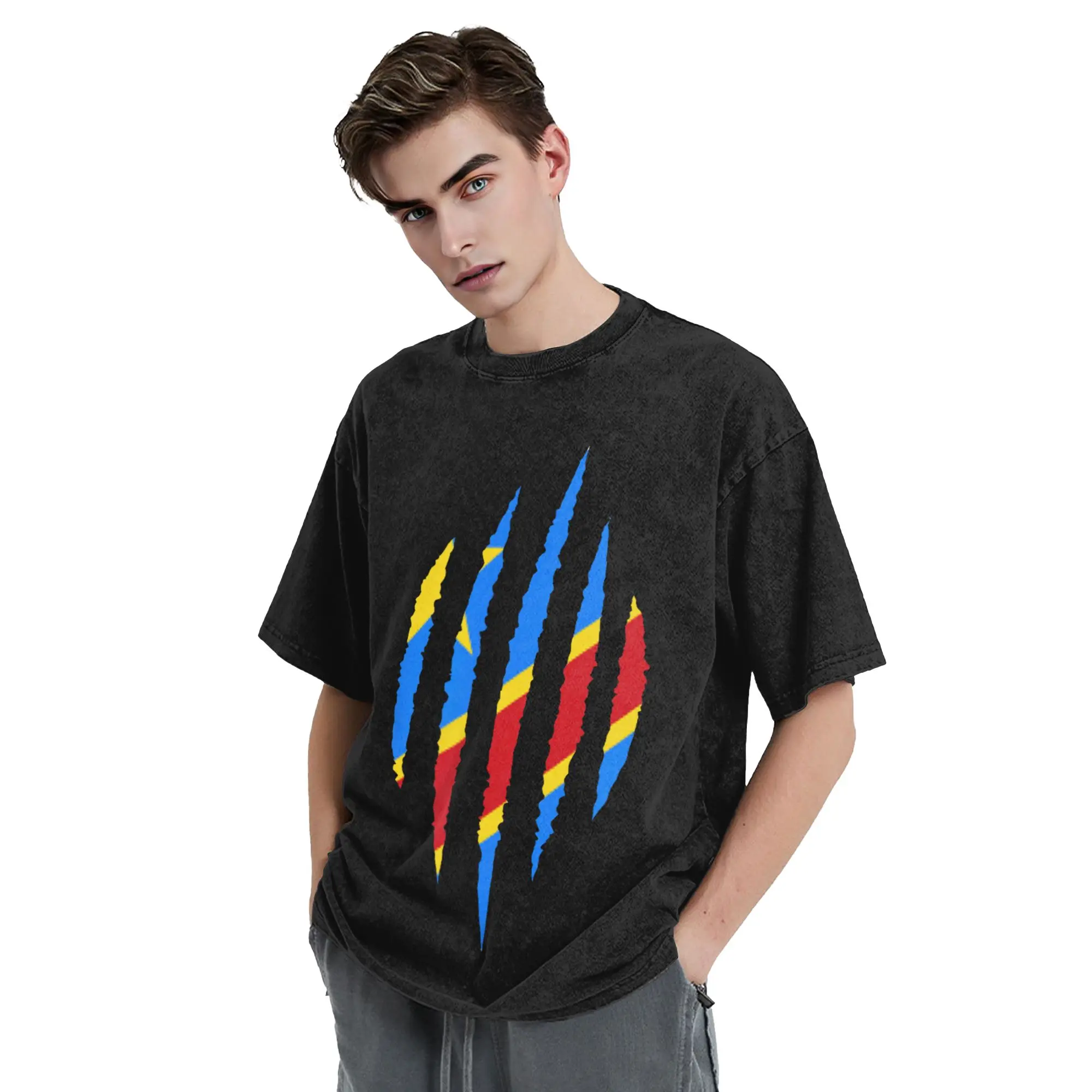 Republic Of The Congo Flag Washed T Shirt Streetwear  Vintage T-Shirt  Tees Tops Men Women Short Sleeve High Street Printed