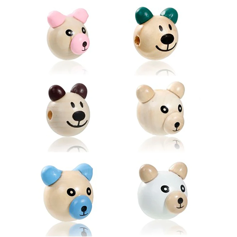 5pcs Natural Hinoki Wood 3D Beads Bear Animal Multicolor Spacer Beads DIY Necklace Bracelets For Women Girls Jewelry Findings