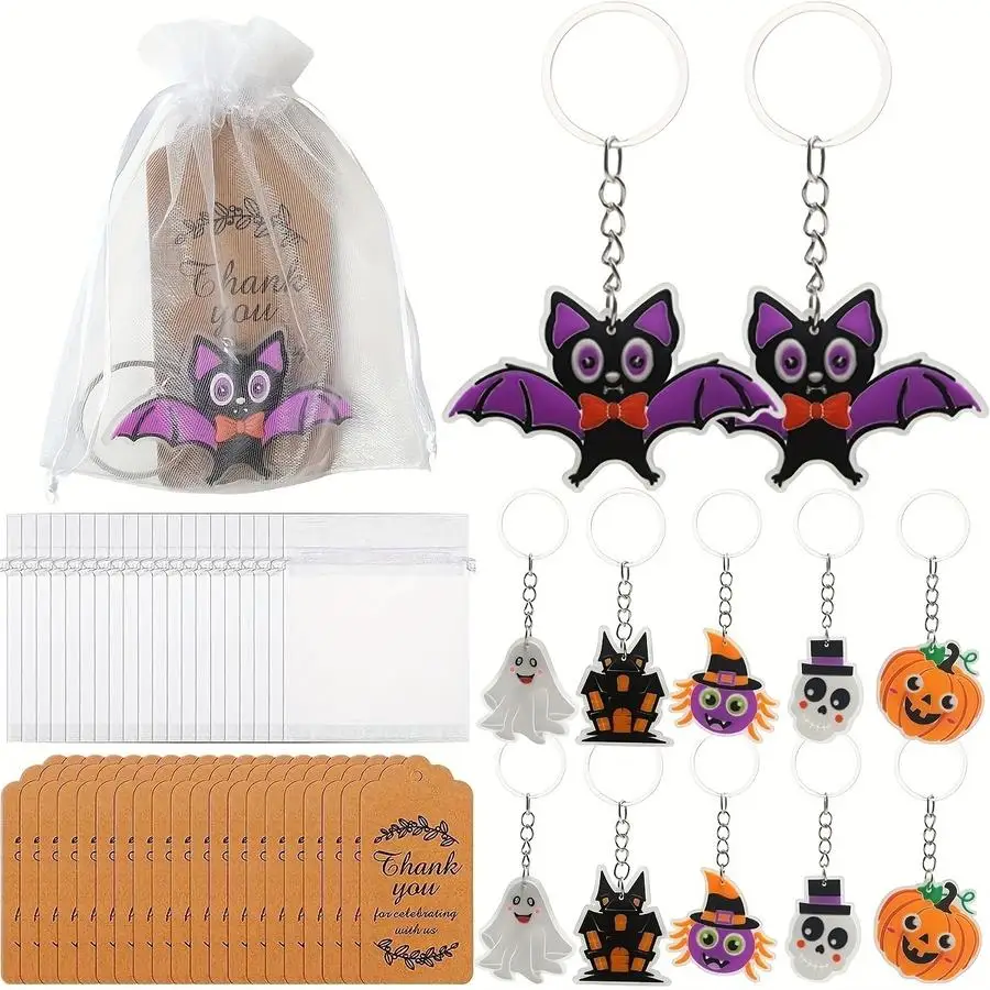 1/5/10/20/50/100pcs Halloween Glow-in-the-Dark Keychain Set with Organza Bags and Brown Paper Thank-You Cards - Halloween Party
