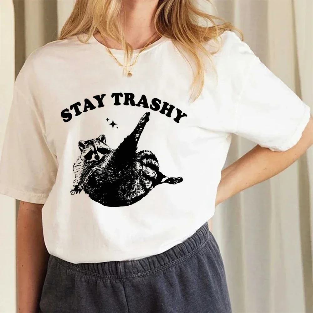 Women Summer Clothes Stay Trashy Funny Raccoon T-shirt Fashion Short Sleeve Print Love Style 90s Trend Cute T Shirt Clothing Te