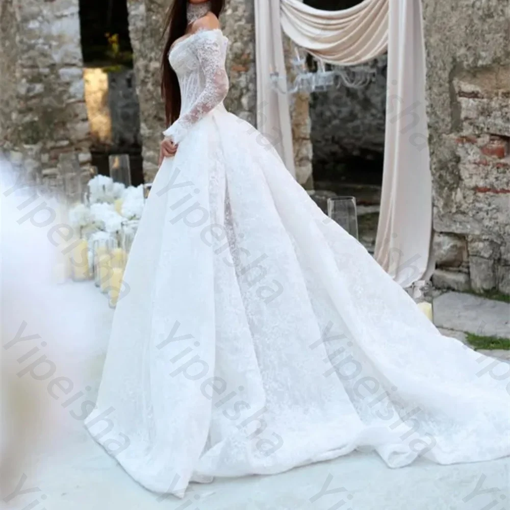Customized Vintage Ball Gown Wedding Dress Off Shoulder Sweetheart Chapel Train Lace Long Sleeve Glitter Tulle Bridal Gown