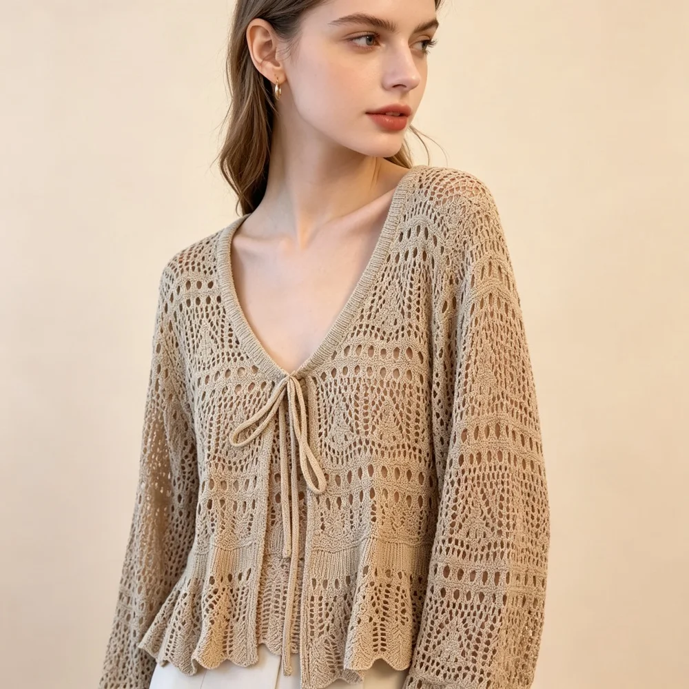 Openwork Cardigan Women Minimal Simple Clean Plain Basic Beige Hollow Out Knitted Sweater V Neck Long Sleeve Tie Front Vibe