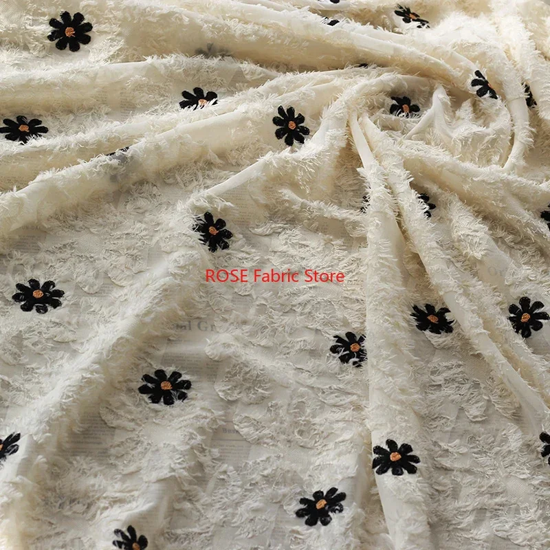 Daisy pattern Embroidered Tassel Chiffon flower Jacquard Fabric For Bridal dress, Girls dress, Evening dress,Costume Design