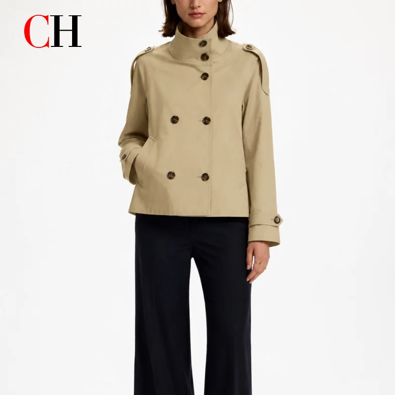 CH Women Tailored Double Breasted Stand Collar Cropped Trench Coat Shoulder Strap Cuff Buckle Business Commute Layer Outerwear