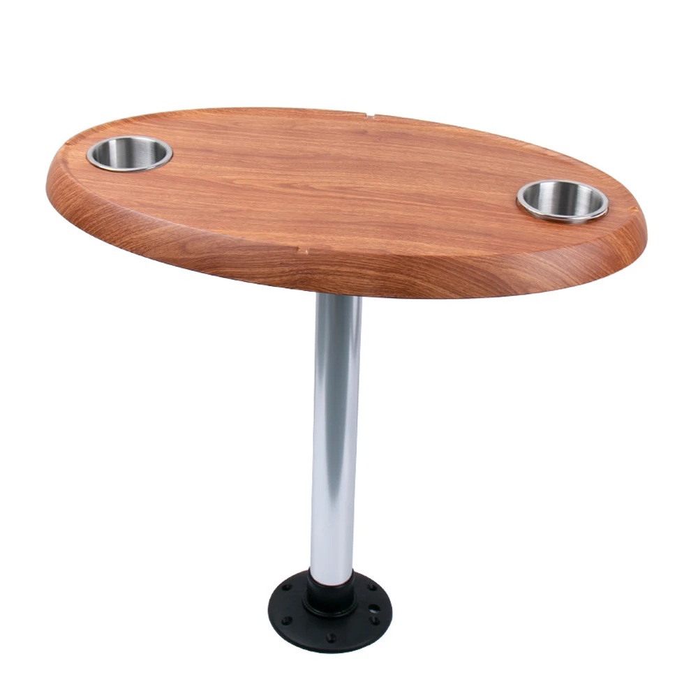 Marine Oval Boat Table Adjustable Pedestal Base with 2 Stainless Steel Cup Holders, RV Yacht Camper Dining Table in 3 Colors