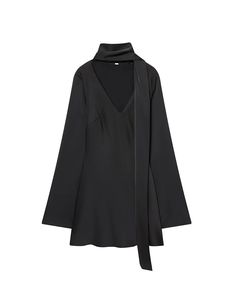 Novo vestido de festa feminino com gola cachecol sólido decote em v alargamento manga longa mini vestido verão cetim elegante chique vestido de moda feminina