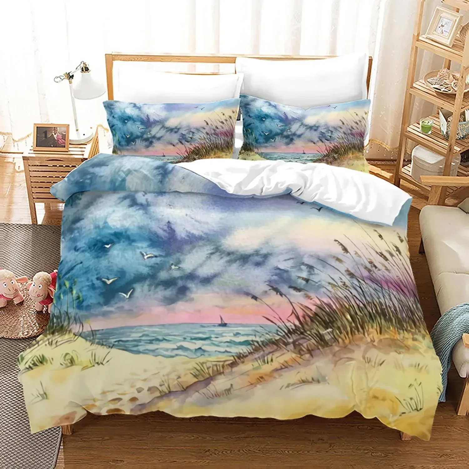 Ocean Bedding Set King Colorful Beach Landscape Duvet Cover In Oil Painting Style Famous Hawaii Coastal Polyester Quilt Cover
