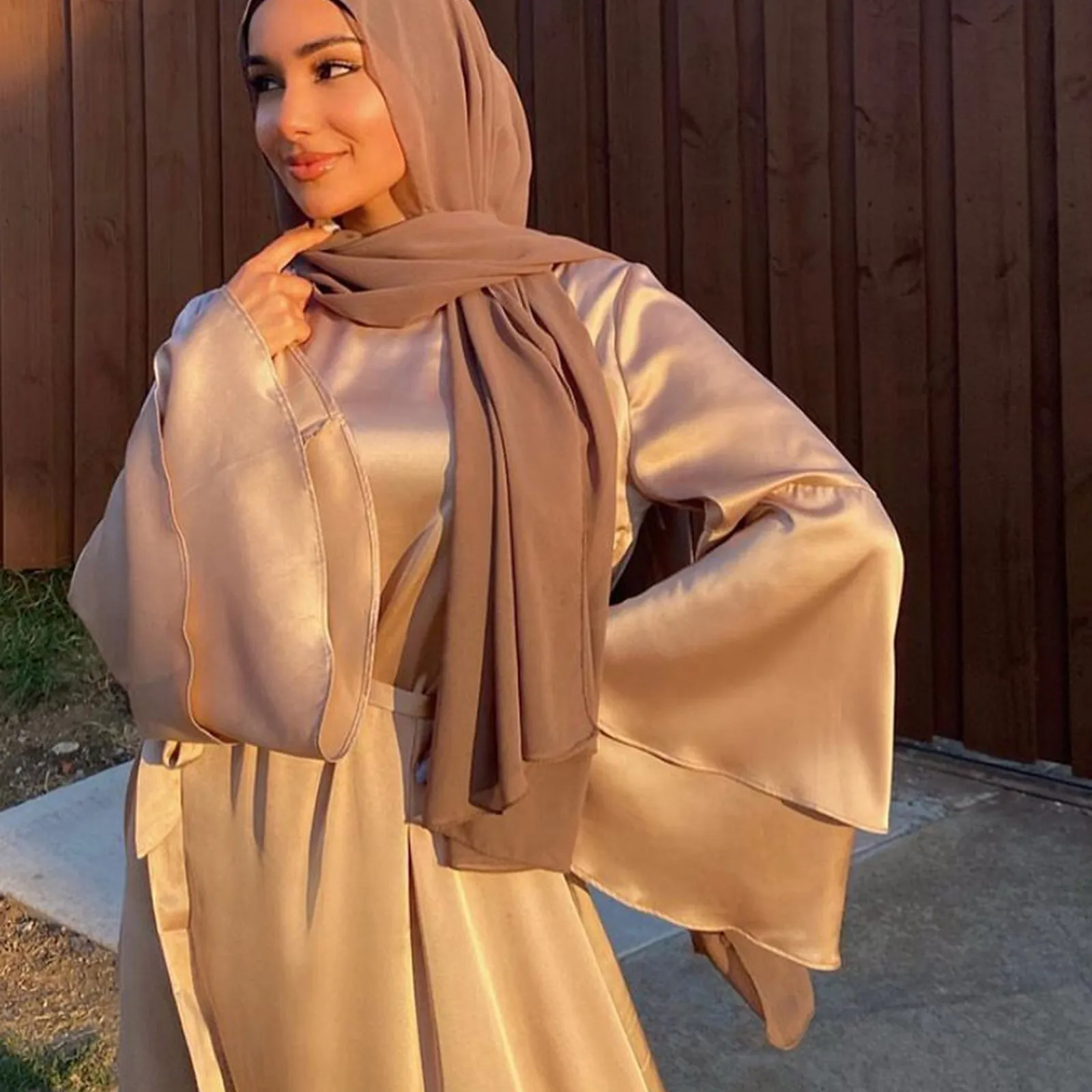 Women Islam Clothing Ramadan Eid Satin Hijab Dress Dubai Abaya Turkey Summer Flare Sleeve Muslim Fashion Maxi Dresses for Kaftan