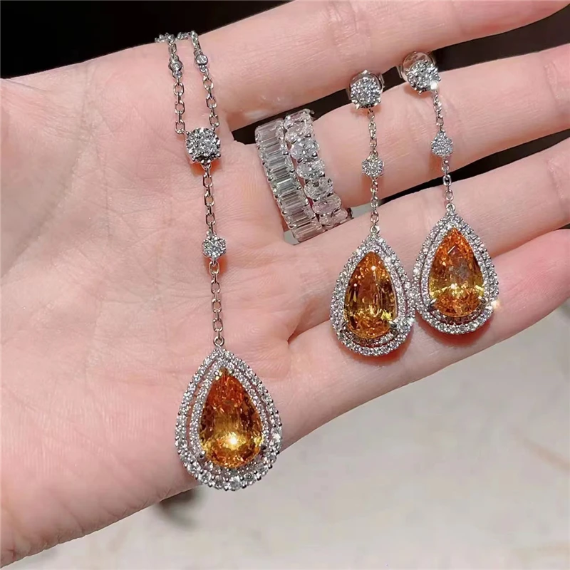 Water Drop Swiss Yellow Stone Rhinestones Jewelry Sets For Women Romantic Weddings Pendant/Necklace/Earrings/Rings