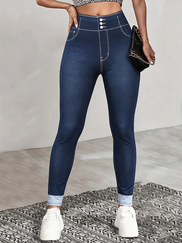 Bedruckte Leggings für Damen, kein Denim-Stoff, Hosen mit aufgesetzter Tasche und Knopfdruck-Design, hochelastisch, modisch, schmal geschnitten, lässig. – Detail 1