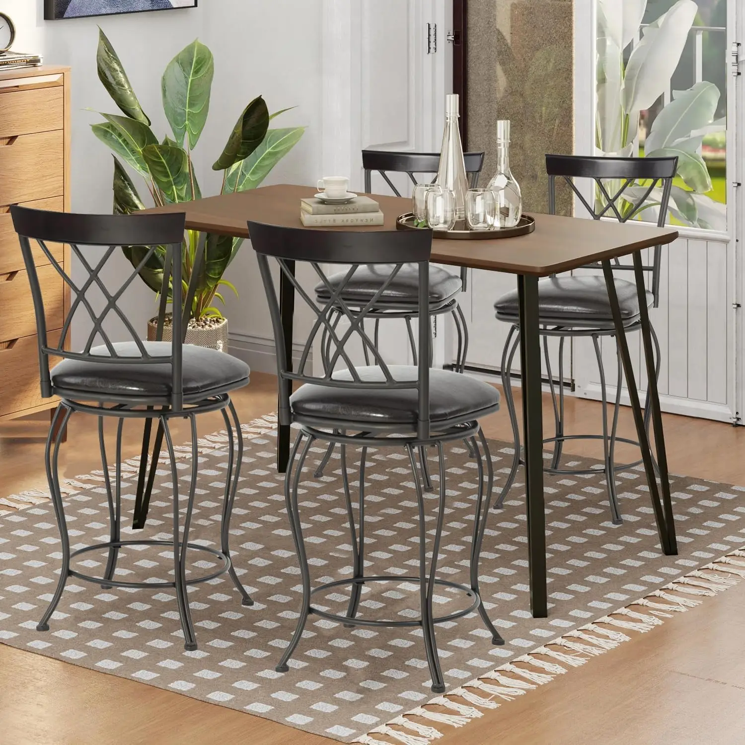 Furniturer Bar Stools Swivel Set Of 4, Upholstered Faux Leather Seating Armless Bistro Chairs With Backrest Footrest Metal