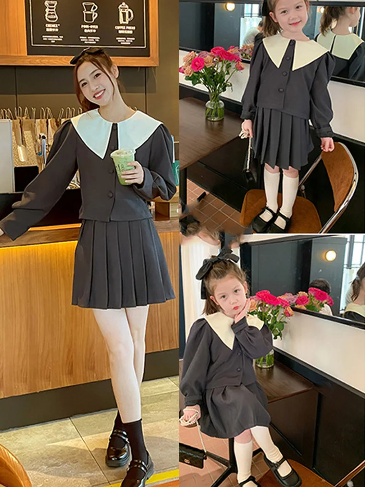 South Korea's High-end Parent-child Dress Mother-daughter College Style Two-piece Set 2022 Autumn New Children's Short Skirt