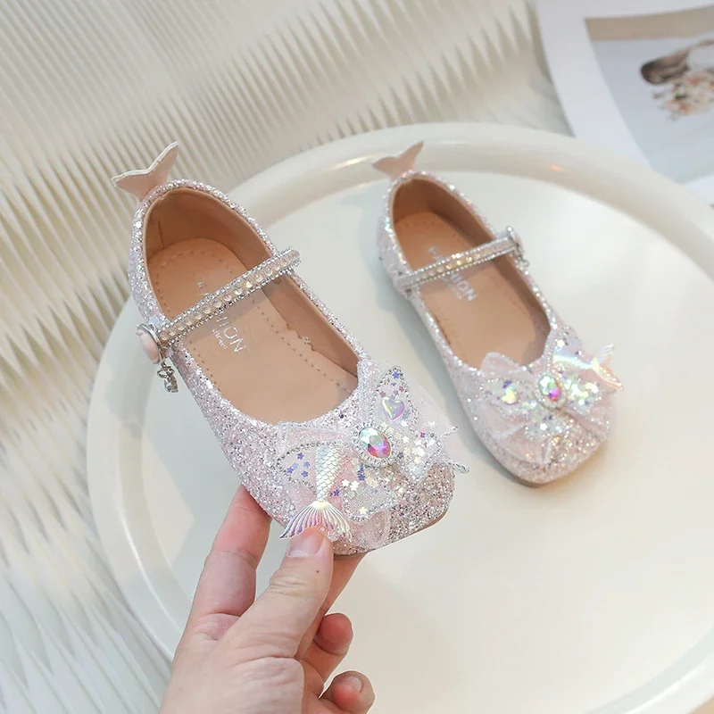 Popular New Princess Fish Tail Cartoon Soft Sole Sandals Baby Girl Princess Shoes Crystal Shoes Children Flat Girl Leather Shoes