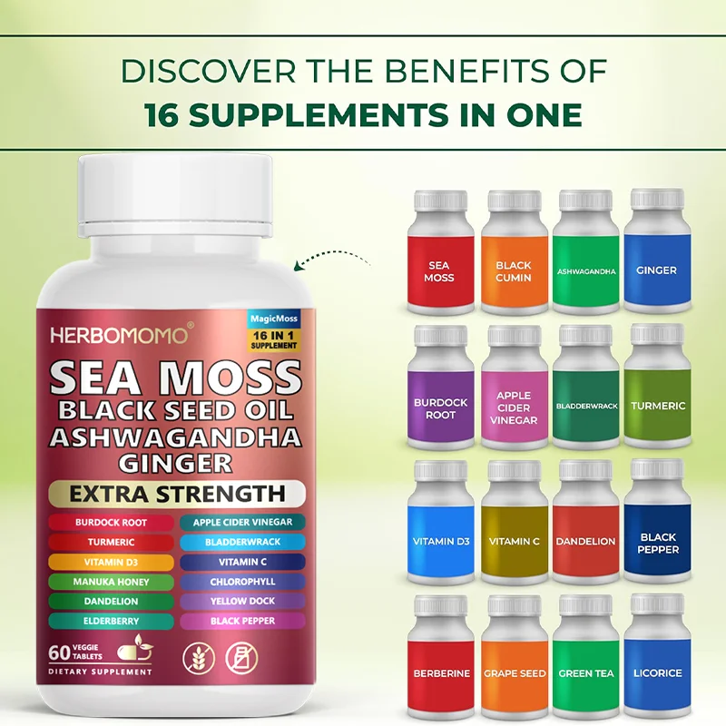 Капсулы Sea Moss 60 таблеток-16 в 1 без ГМО для поддержки репродуктивного здоровья, натуральный энергетический прибор на основе растений, чистый и