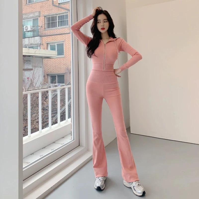 

Slim Fit Sportswear Set High Waist Casual Pants Zipper ort Jaet Sexy Hoodie Women's Ensemble High Cotton Content Winter 2023