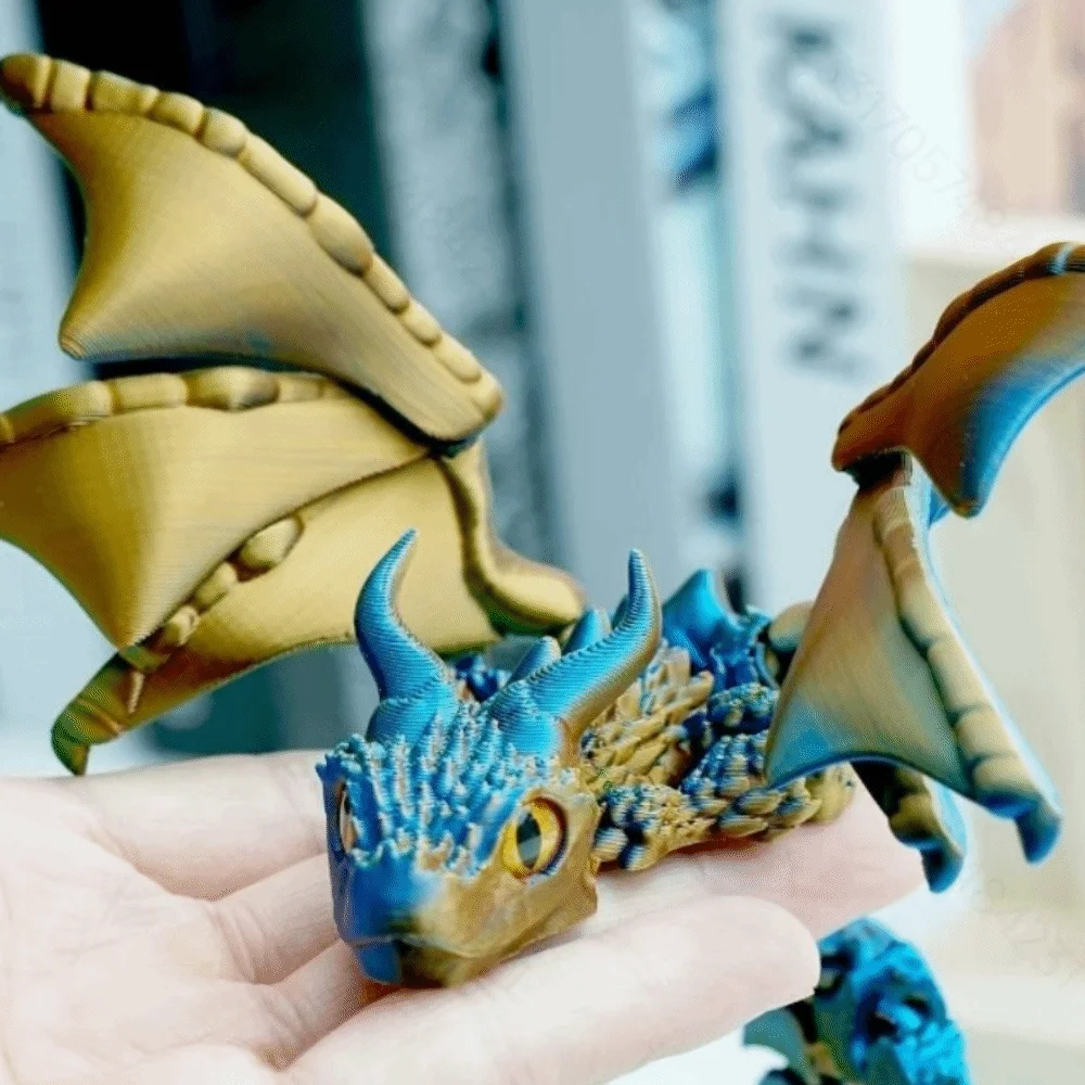 3D Printed Articulated Dragon Multi-Joint Double Horn Dragon Figurine Random Eye Colors Changing Mysterious Eyes
