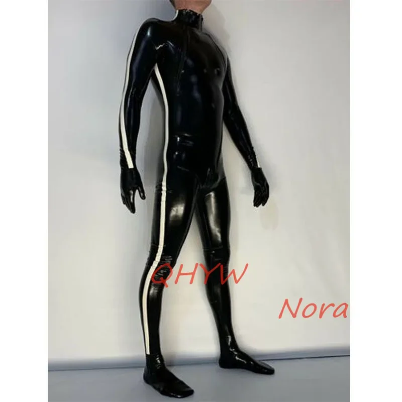 Sexy Man Latex Bodysuit Rubber Catsuit Junmpsuit with Toe Gloves and Socks White Strips Back Zippers