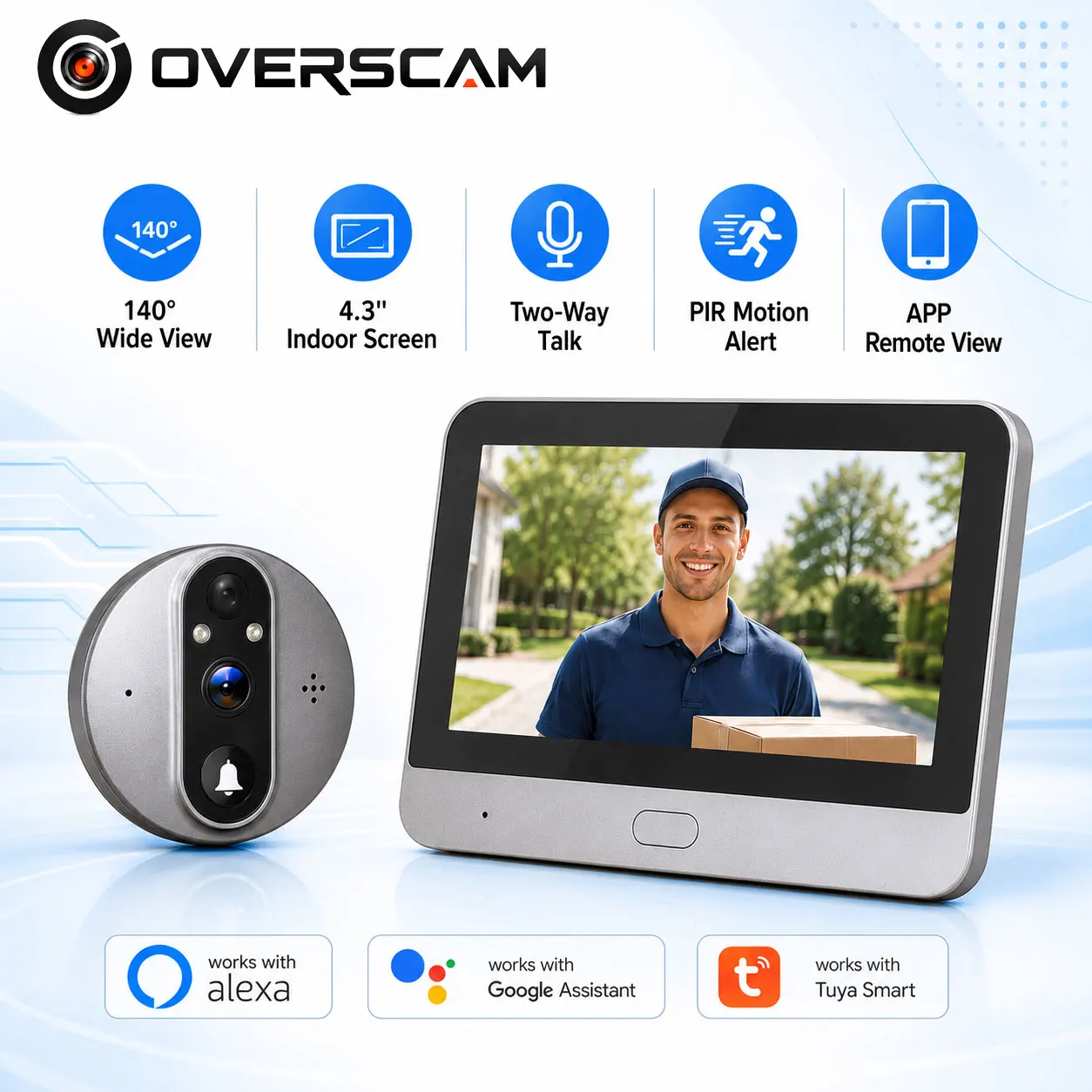 Caméra de visionnage de porte intelligente 5MP 4,3 pouces avec écran intérieur, détection de mouvement PIR, audio bidirectionnel, application Tuya, visualisation à distance, connexion Wi-Fi pour la surveillance des visiteurs à la porte d'appartement et la sécurité domestique
