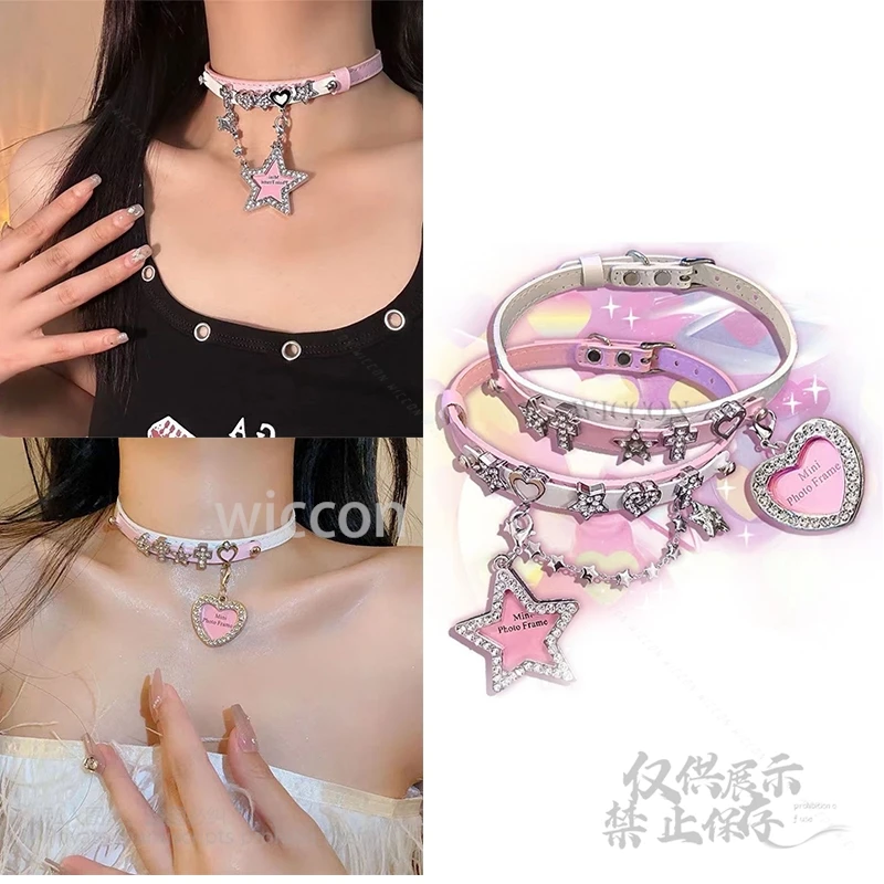 

Y2K розовый белый модный кристалл звезда любовь цепи ожерелье Jirai Kei аксессуар кулон в форме сердца для женщин и девочек ювелирные изделия сексуальные