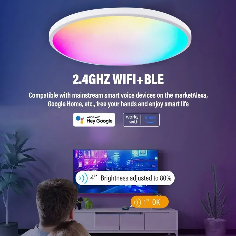 Plafonnier rond intelligent à LED, Wi-Fi, RGBCW, Tuya, compatible avec Alexa, Google Assistant, lumière à intensité variable, chambre à coucher